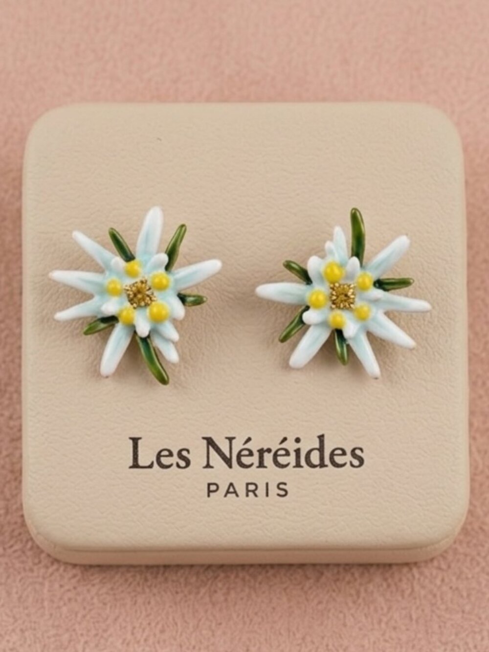 LES NEREIDES Edelweiss Flower Stud Earrings White Yellow Hand Painted